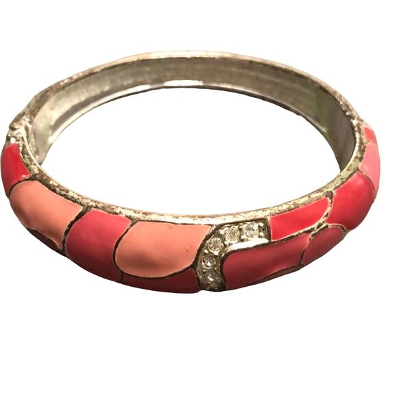 Pink Mosaic Bracelet with Rhinestones Silvertone Metal Bangle Art Deco Artsy - Picture 2 of 7